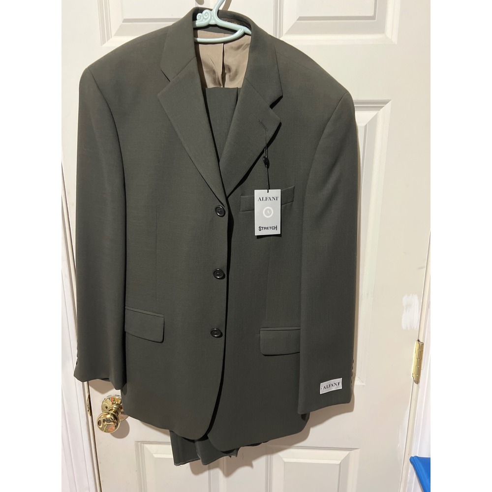 Alfani Mens 2 Piece Wool Stretch Suit Olive Green 40 Short 33W Made in Canada
